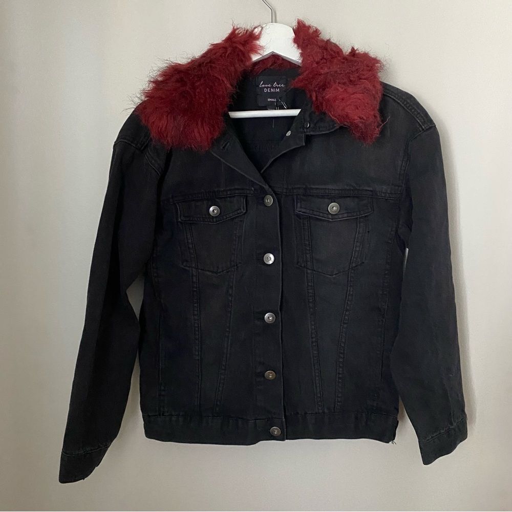 Love Tree Denim Jacket Black Red Fur Collar Removable Casual Fall Vibes - Picture 1 of 11